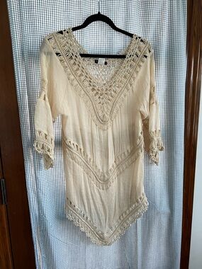 Crochet-Trim V-Neck Tunic Top - Cream